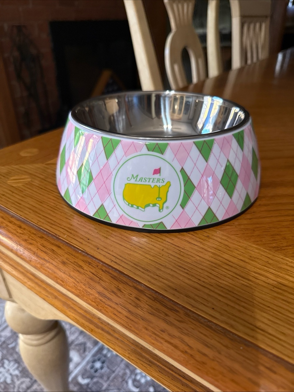 Masters Pink and Green Argyle Stainless Steel Dog Bowl